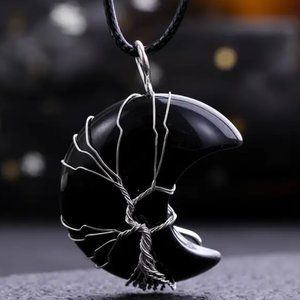 Obsidian Crescent Moon Natural Gemstone Tree Of Life Wire Wrap Pendant Necklace